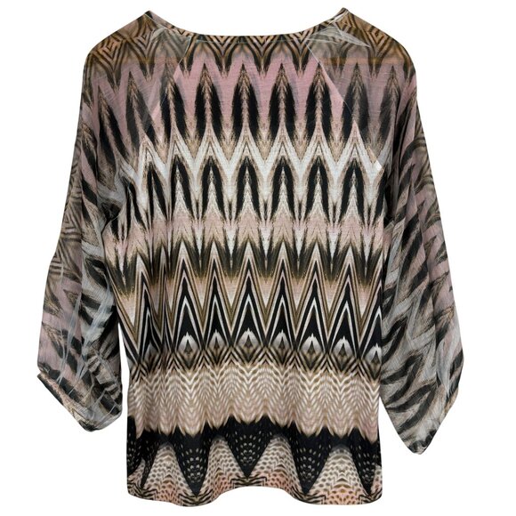 Chicos Mixed Print Top Sz 2 (12 14 Large) Sheer Sleeves Embellished 3/4 Sleeve - Picture 10 of 12